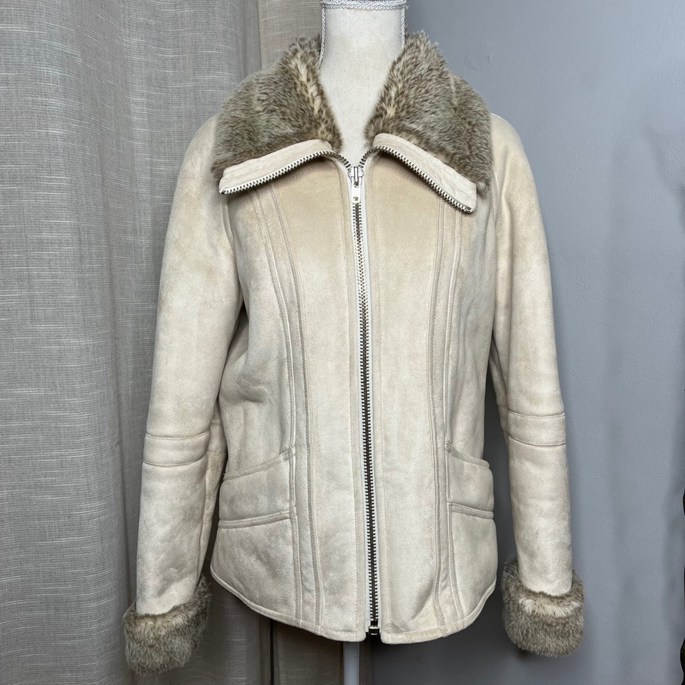 Y2K Vintage Esprit Faux Suede Fur Trim Jacket‎ Cream Full Zip Women's Medium